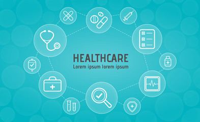 Healthcare poster concept. Infographic banner with space for your text decorated by line icons set. Medical supplies, complex healthcare. Vector illustration eps 10