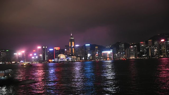 A Symphony of Lights is the spectacular light and sound show at Victoria Harbour in evening time for show travelers people on September 9, 2018 in Hong Kong, China