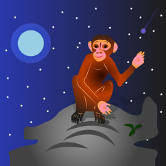 The Cartoon Monkey sits on a hill, with a raised hand (gesture, hello). Night landscape against the backdrop of stars and moon,