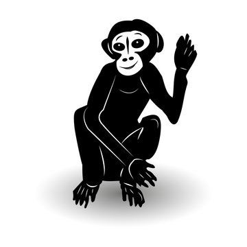 Black Monkey sitting with raised left hand (gesture, hello), silhouette on white background,