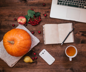 Top view of a  pumpkin, apples and a book, phone, laptop on wooden table.