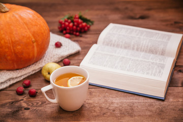 Top view of autumn workplace, pumpkin, apples and book on wooden table.