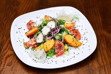 Assortment of fresh vegetable salad with organic cheese. Vegetarian buffet with tasty organic dish variety. Always eat right