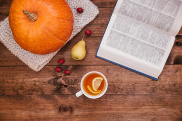 Top view of autumn workplace, pumpkin, apples and book on wooden table.