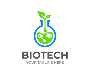 Biotech logo design. Biochemistry connections vector design. Laboratory flask with plant logotype