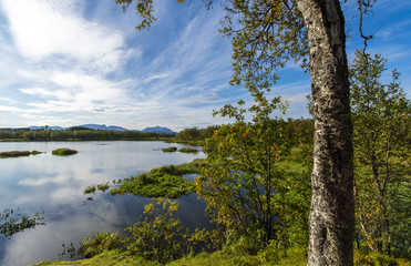 The beautiful lake in autumn paints. Tromso. Prestvann