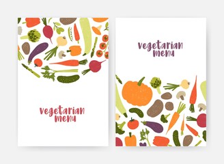 Bundle of vegan menu cover templates decorated with tasty natural fresh raw vegetables and mushrooms on white background. Colored trendy flat vector illustration for vegetarian restaurant promotion.