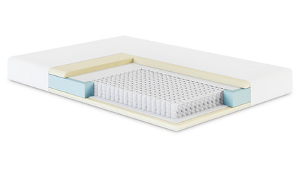 White orthopedic mattress. Structure of the layers of the mattress. 3D rendering. - 222979103