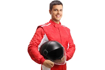 Poster Racer met een helm die naar de camera kijkt en glimlacht © Ljupco Smokovski