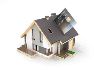 Concept of purchase or payment for housing Illustration of a house as a pos terminal with credit card isolated on white background 3d render