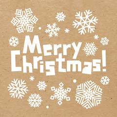 Rough incription Merry Christmas and snowflakes cut out of craft paper. Cardboard snow stickers. Vector carton winter holidays decoration on white background - 222980572