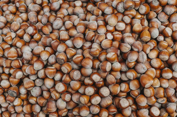 Hazelnuts. Food background, photo wallpaper.