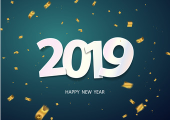 Happy New Year 2019 background. Greeting card design template gold confetti. Celebrate brochure or flyer.