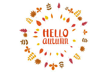 Hello Autumn, background with falling leaves, yellow, orange, brown, fall, lettering, template for poster, banner, vector, isolated