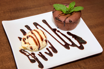 Cake with chocolate mousse and sauce