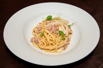 Spaghetti on white plate