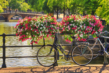 Obraz premium Piękne, żywe letnie kwiaty i rower na moście nad słynnymi kanałami światowego dziedzictwa w Amsterdamie w Holandii