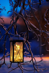 Fototapeta na wymiar Lantern with Christmas lights hanging in tree branch.