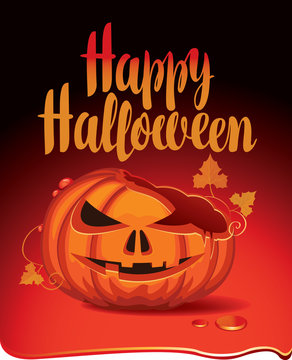 Vector Halloween banner with inscription and broken pumpkins head in a puddle of blood. Flyer or invitation template for Halloween party.