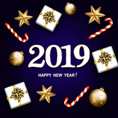 Fototapeta na wymiar Happy New Year 2019 greeting card with gifts, candy, gold stars, serpentine, bubbles. Christmas vector ornament decorations