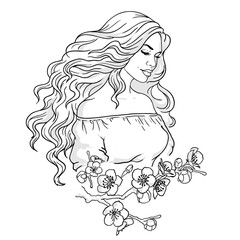 Girl with long hair. A beautiful woman and flowers. Sakura branch. Line art. Vector illustration on white background.