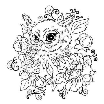 Owl with flowers. Contour illustration on white background. Vector isolated. Element of design. Prints for textiles.