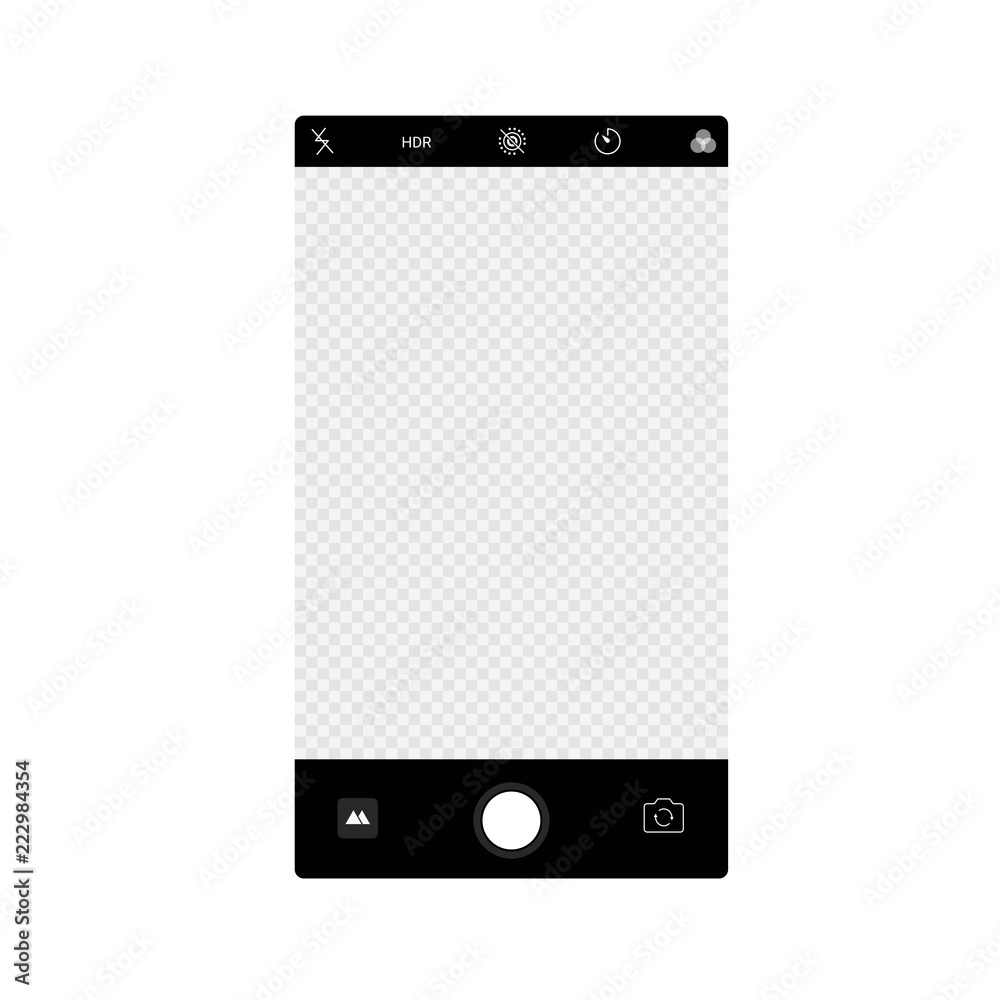 Poster Smartphone camera app screen interface background. Vector viewfinder display mockup photo composer.