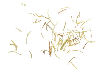 Pile of dry rosemary isolated on white background, top view