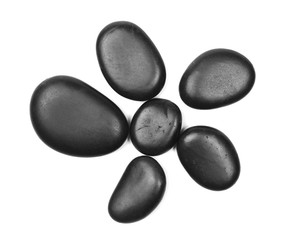 Pile black rocks isolated on white background, top view