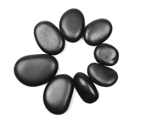 Pile black rocks isolated on white background, top view