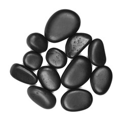 Pile black rocks isolated on white background, top view