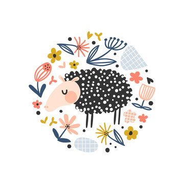 Cute cartoon sheep with flowers
