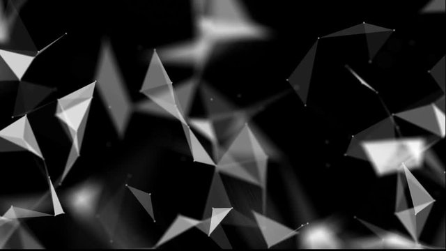 white triangular particles move slowly against a black background. black and white abstract background. 3D rendering