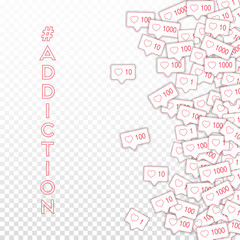 Social media icons. Social media addiction concept. Falling pink like counter. Scatter right gradien