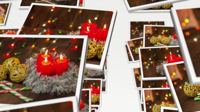 ots of Christmas cards flies on a white background. video collage. 3D rendering