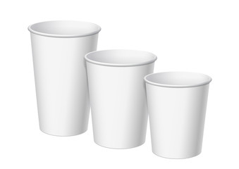 Realistic White Disposable small, big and middle Paper Cups.