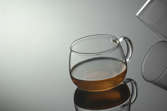 transparent glass tea cup with reflection