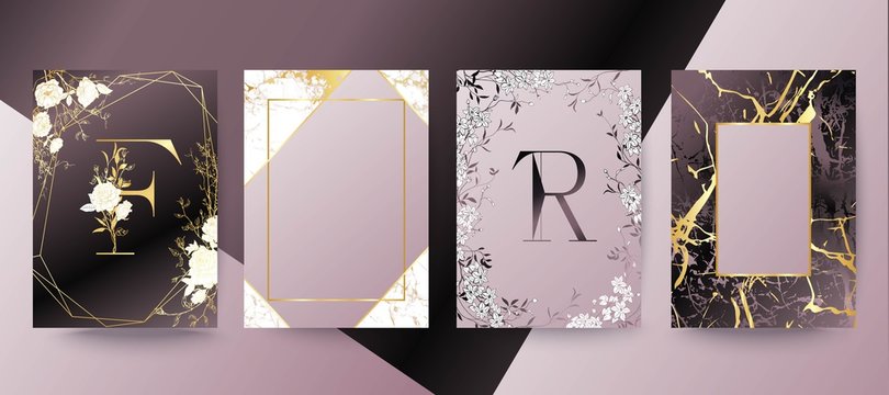 Set of elegant brochure, card, background, cover, wedding invitation. Lilac and golden marble texture.