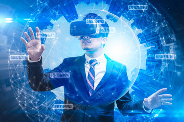 The abstract double exposure image of businessman using a smart glasses or vr glasses overlay with virtual hologram image. the concept of communication, internet of things and future life.