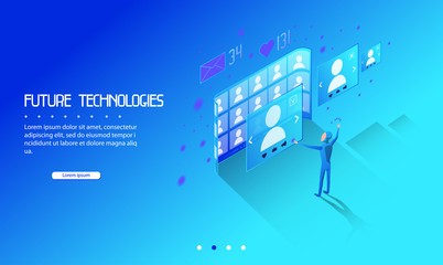 Social network of the future. A person works in a social network-see profiles of other users. Background for presentation. Template for web design and text. Isometric, 3D, flat style. Solid. Minimalis