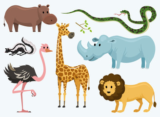 Cute animals for baby. Wild giraffe rhinoceros. ostrich and skunk. snake and hippopotamus. lion and tiger. vintage world. Cartoon vector.