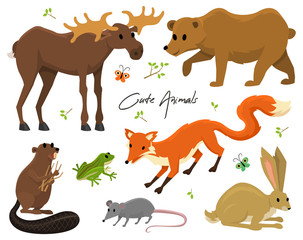 Cute animals for baby. Wild moose and deer, hare, wolf and bear. frog and fox. vintage world. Cartoon vector.