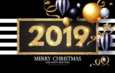 Happy New 2019 Year! Shining Greeting Card with Realistic Gold. Black. Transparent and Striped Balloons with Serpentine.