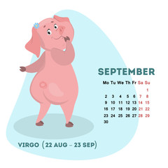 Pig calendar for September 2019 with horoscope sign
