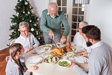 Family gathered over Christmas holidays, celebrating, having lunch 