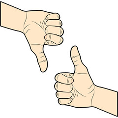 Thumb up and down. I like and dislike. Hand drawn. Vector illustration
