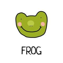 Cartoon vector flat illustration of cute frog face for baby card and invitation