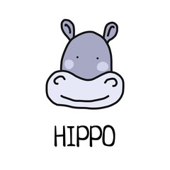 Cartoon vector flat illustration of cute hippo face for baby card and invitation