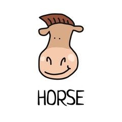 Cartoon vector flat illustration of cute horse face for baby card and invitation