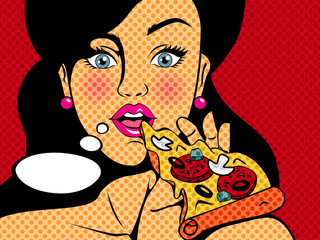 Pop art beautiful woman eating tasty pizza